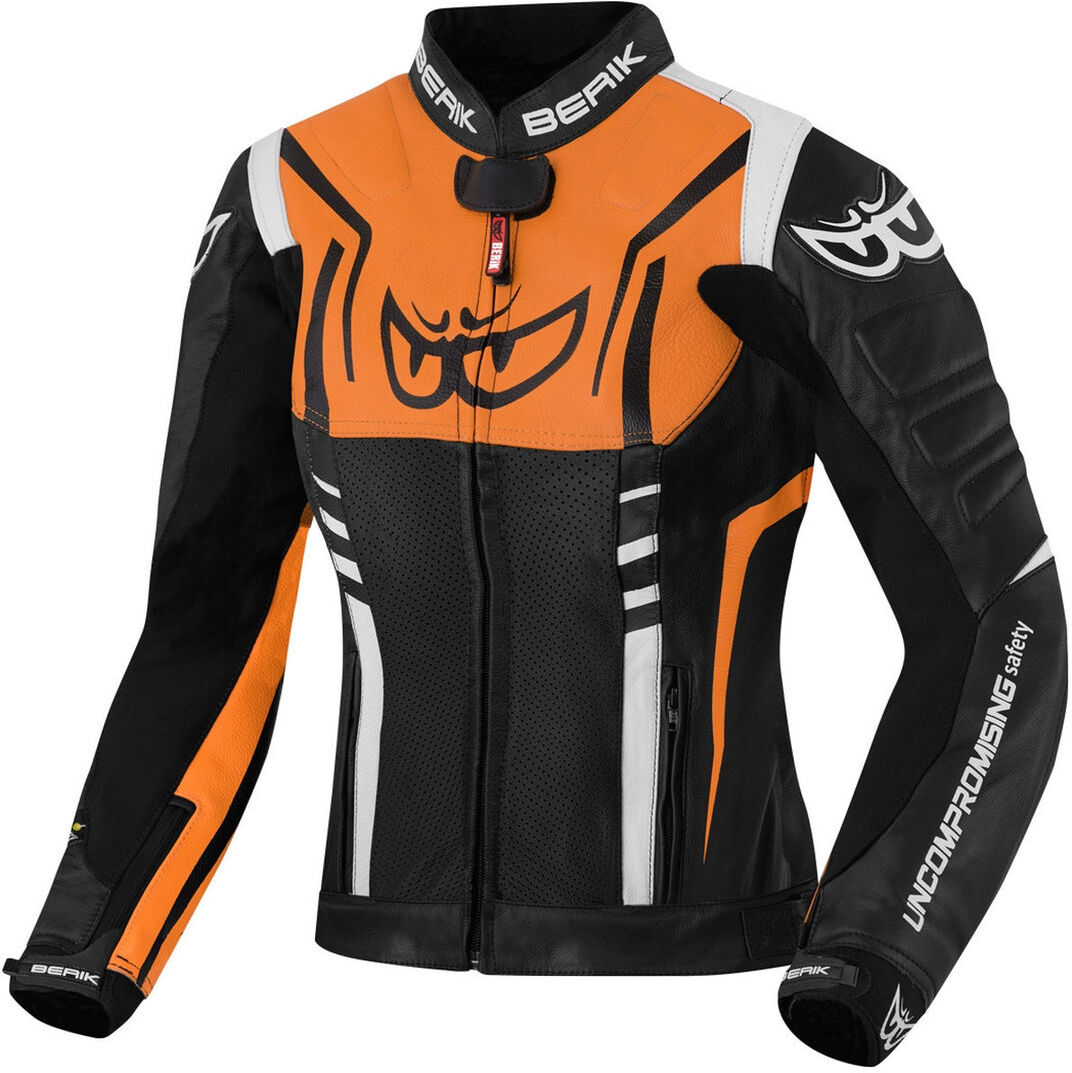 Berik Striper Chaqueta de cuero para motocicleta para damas - Negro Blanco Naranja (46)