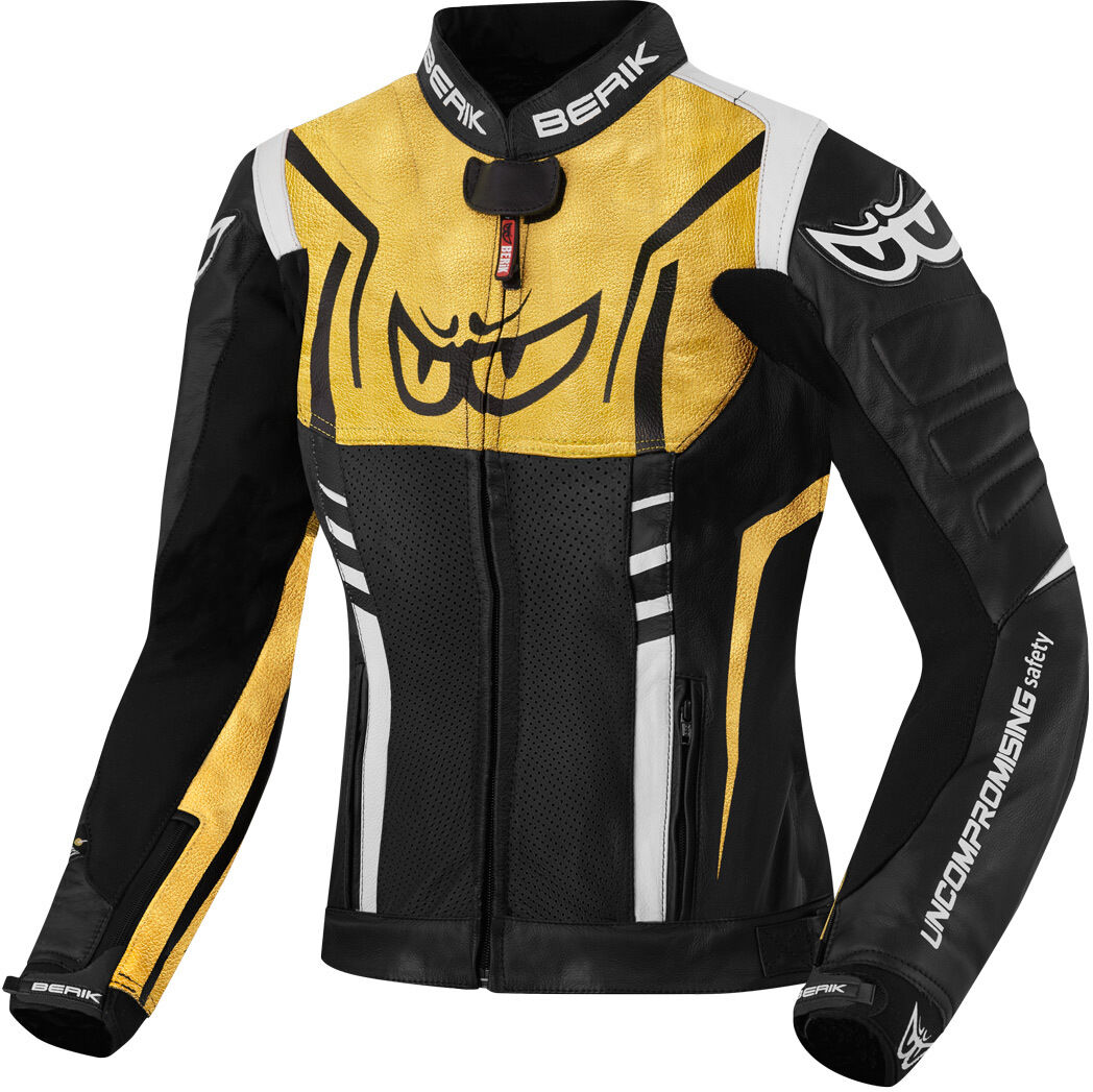 Berik Striper Chaqueta de cuero para motocicleta para damas - Negro Blanco Oro (42)