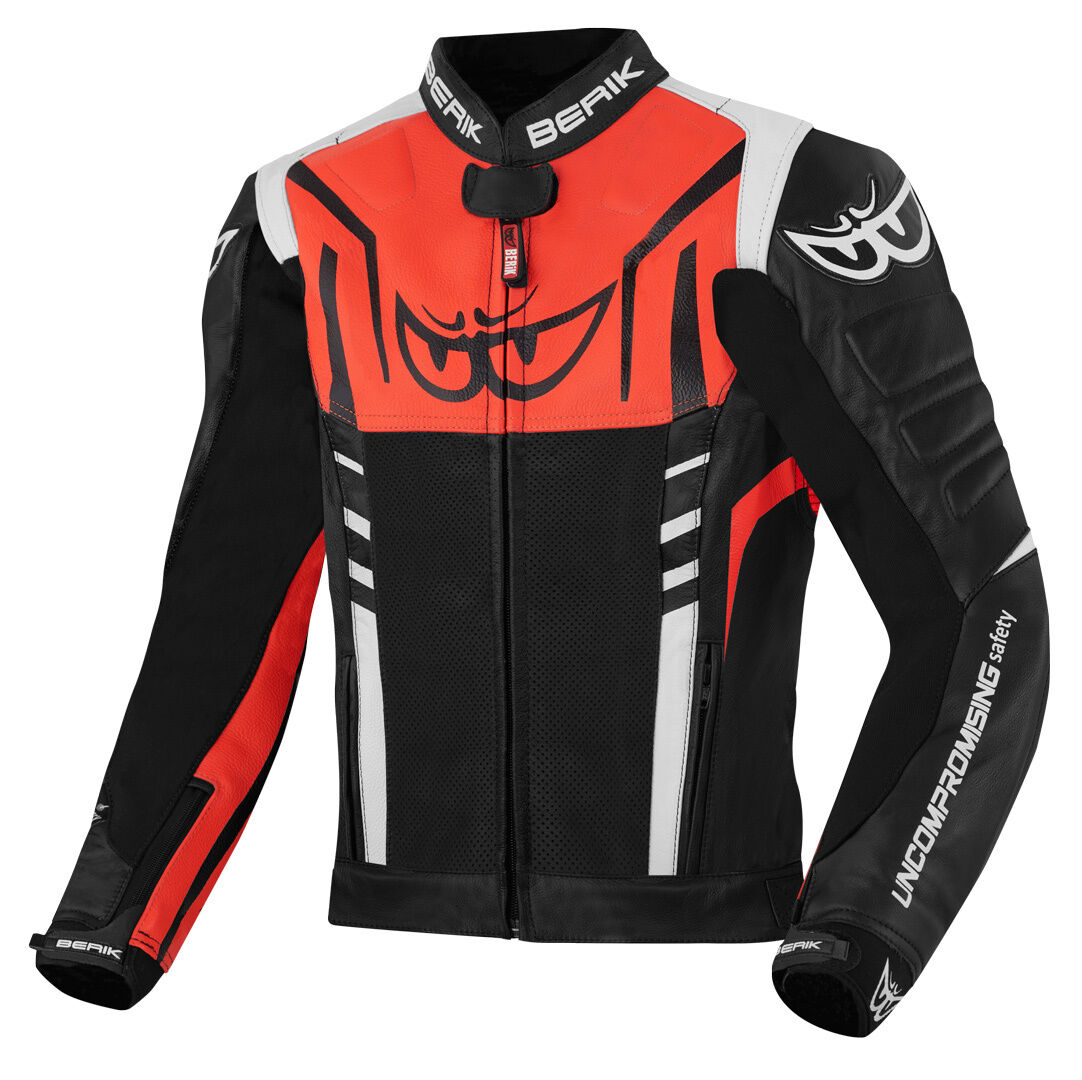 Berik Striper Chaqueta de cuero para motocicleta - Negro Blanco Rojo (48)