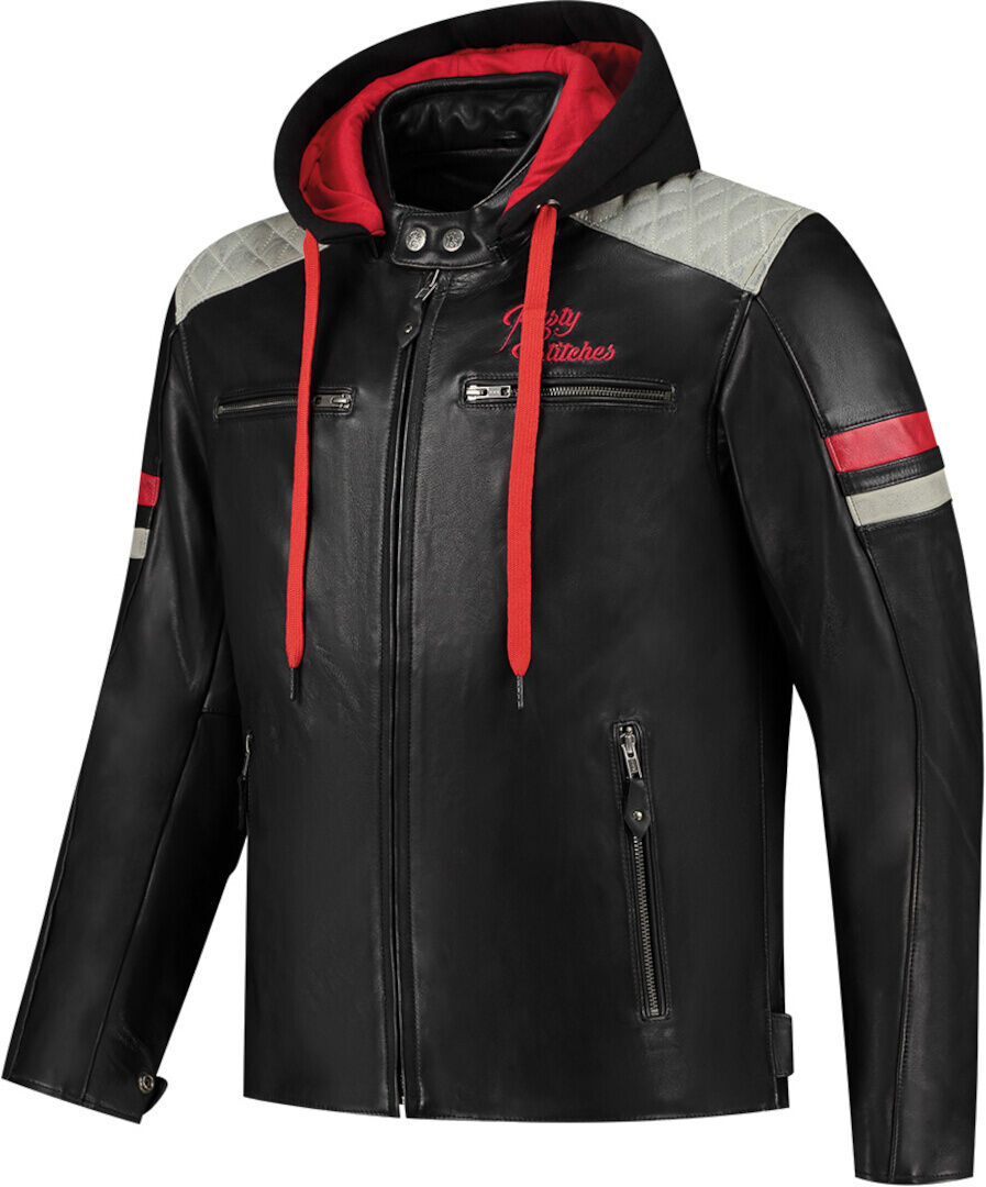 Rusty Stitches Jari Hooded V2 Chaqueta de cuero para moto - Negro Gris Rojo (M)