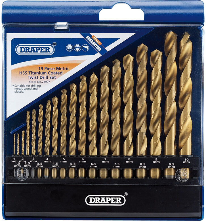 Draper Caja de 19 taladros HSS de titanio de 1 a 10mm -