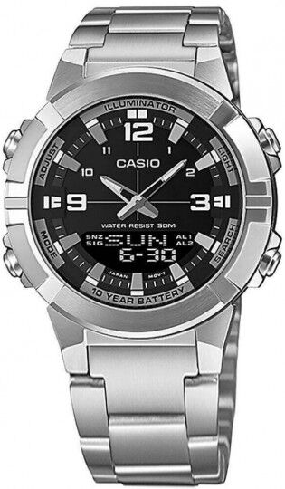 Casio Ana-dig correa acero esfera negra WR100 (3768) Fase Lunar y Pesca