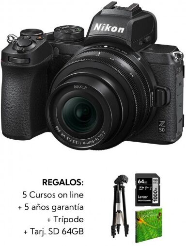 Nikon Z50 + 16-50mm VR F3.5-6.3 + Kit: SDXC 64GB + trípode + 5 cursos