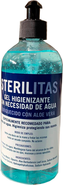 Gel higienizante Sterilitas, con dosificador y enriquecido con aloe vera (500ml) Gel higienizante Sterilitas, con dosificador y enriquecido con aloe vera (500ml)