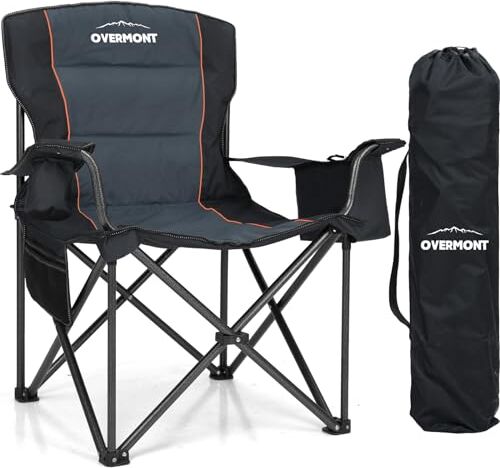 OVERMONT Silla de Camping Plegable - Grande Silla de Pesca Portátil con Reposabrazos Portabebidas - para Acampada Jardín Playa Pesca - hasta 180 kg