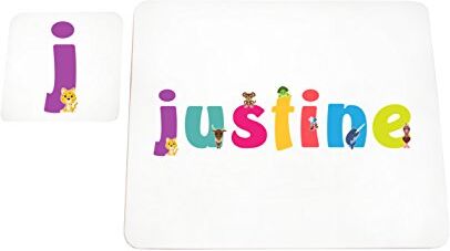 Little Helper mantel con Coaster estilo illustratif pintado con el nombre de joven Justine