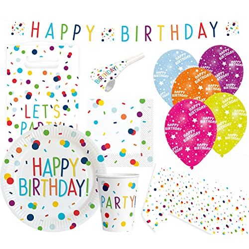 amscan 9907563-66 Confetti Birthday-Juego de vajilla desechable y decoración para cumpleaños Infantiles (60 Piezas), Multicolor