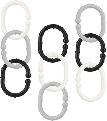 Nuby - Linkables - Cadena de cochecito - Negro, gris y blanco - Enlaces ajustables para cochecitos, asientos de automóvil y viajes - 18 piezas