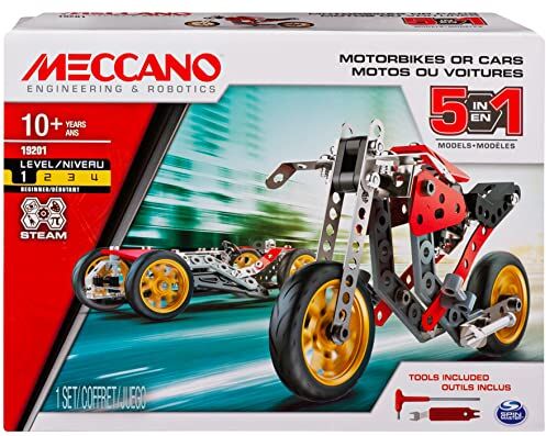 MECCANO - COCHE Y MOTO - Moto Street Fighter 5 en 1 - Modelos de Coches y motos para Construir - Juego de construcción con 2 herramientas y 132 piezas - 6053371 - Juguetes Niños 10 años +