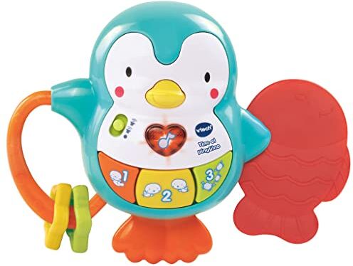 VTech - Tino el pingüino, Juguete para bebé, mordedor y sonajero interactivo con actividades para descubrir los animales, números, colores y divertidas canciones