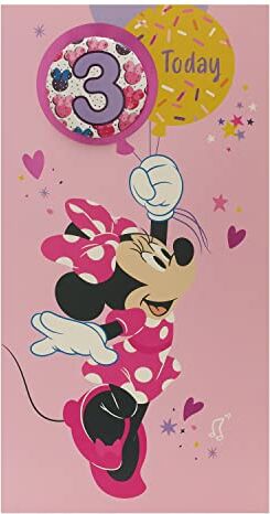 UK Greetings Disney - Tarjeta de tercer cumpleaños para ella/niña con sobre, diseño de insignia, con Minnie Mouse, 121 mm x 229 mm