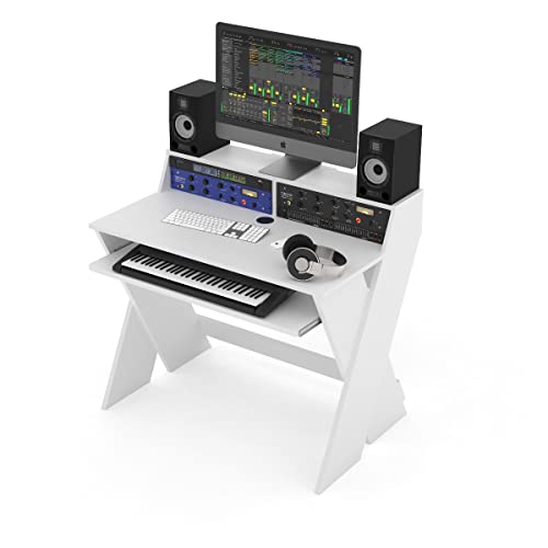 Glorious Sound Desk Compact White - Estación de trabajo de estudio compacta de diseño inteligente con amplia superficie de trabajo, bandeja para teclado extraíble
