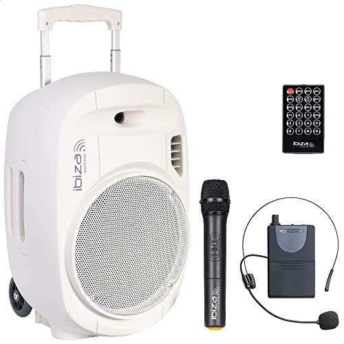 Ibiza - PORT12UHF-WH-MKII - Altavoz portátil 12"/700W MAX con 2 micrófonos (UHF), Mando a Distancia y Funda Protectora - Bluetooth, USB, SD - 5 a 7h de autonomía - Blanco
