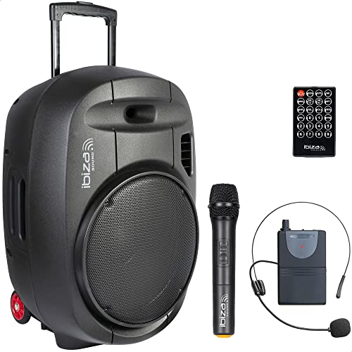 Ibiza - PORT15UHF-MKII-TWS - Altavoz portátil 15"/800W MAX con 2 micrófonos (UHF), Mando a Distancia y Funda Protectora - Bluetooth, USB, SD & TWS - 6 a 8h de autonomía