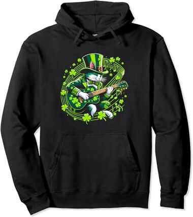 Shamrock Rhythms & Feline Fashions Lucky Clover vence al guitarrista de St. Paddy's Day Cat Sudadera con Capucha