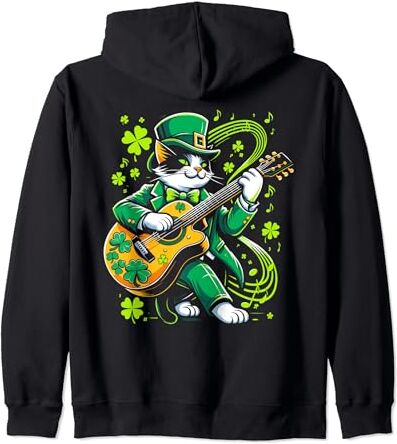 Shamrock Rhythms & Feline Fashions Lucky Clover vence al guitarrista de St. Paddy's Day Cat Sudadera con Capucha