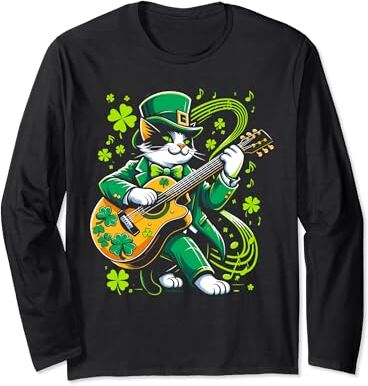 Shamrock Rhythms & Feline Fashions Lucky Clover vence al guitarrista de St. Paddy's Day Cat Manga Larga