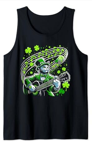 Shamrock Rhythms & Feline Fashions Lucky Clover vence al guitarrista de St. Paddy's Day Cat Camiseta sin Mangas