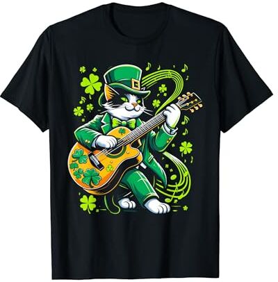 Shamrock Rhythms & Feline Fashions Lucky Clover vence al guitarrista de St. Paddy's Day Cat Camiseta