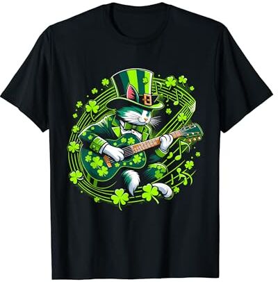 Shamrock Rhythms & Feline Fashions Lucky Clover vence al guitarrista de St. Paddy's Day Cat Camiseta