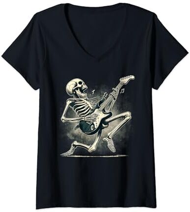 Kerri Music Store Mujer Rock And Roll Graphic Band Tees esqueleto tocando la guitarra Camiseta Cuello V