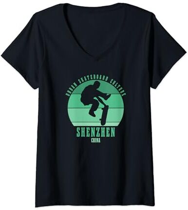 Urban Skateboarding Culture Mujer Patinador urbano de Shenzhen, China Camiseta Cuello V