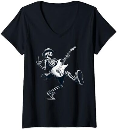 Kerri Music Store Mujer Rock And Roll Graphic Band Tees esqueleto tocando la guitarra Camiseta Cuello V