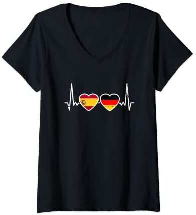 Espana Orgullo Español Hogar España Regalos Mujer España Alemania Latido Corazón Bandera Alemana Españoles Camiseta Cuello V