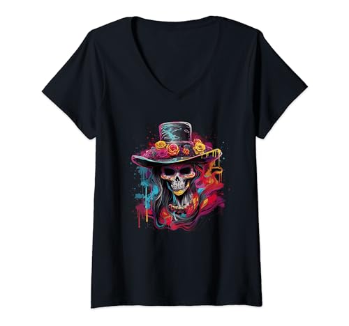 Apocalyptic Retro Punk Zombie Mujer Colorido zombi abuela Camiseta Cuello V