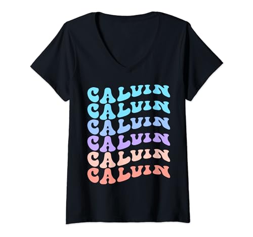 Mujer Primer Nombre CALVIN Girl Boy Retro Personalizado Groovy Camiseta Cuello V