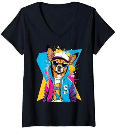 Canine Couture Street Threads Mujer Hip Dog en tonos Urban Pup Streetwear Camiseta Cuello V