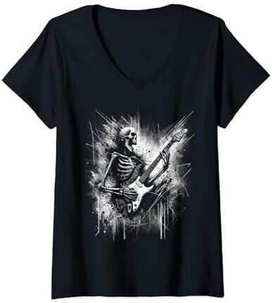 Kerri Music Store Mujer Rock And Roll Graphic Band Tees esqueleto tocando la guitarra Camiseta Cuello V