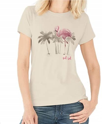 Del Sol Camiseta de novio para mujer, diseño de flamenco de acuarela, color natural, cambia de rosa y negro a colores vibrantes en el sol, 100% algodón peinado, hilado en anillo, jersey fino, talla L