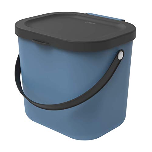 Rotho Albula Cubo de basura biológica de 6 litros con tapa y asa para la cocina., Plástico (PP) sin BPA, azul/antracita, 6l (23.5 x 20.0 x 20.8 cm)