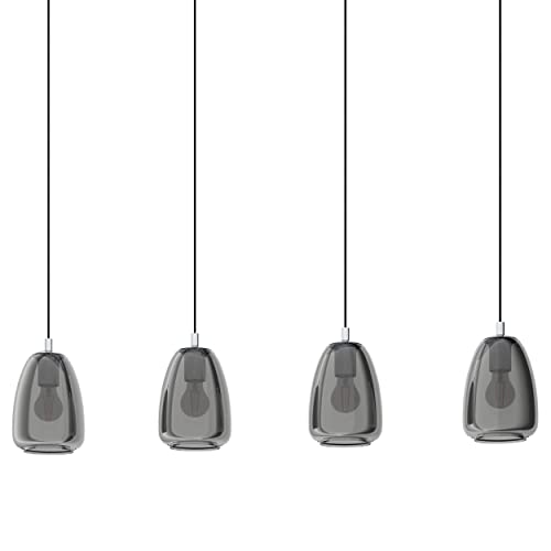 EGLO lámpara colgante Alobrase, luminaria de techo de 4 luces para mesa de comedor, luz pendiente de metal en cromo y cristal vaporizado en negro-transparente, candil de comedor, E27, 108 cm