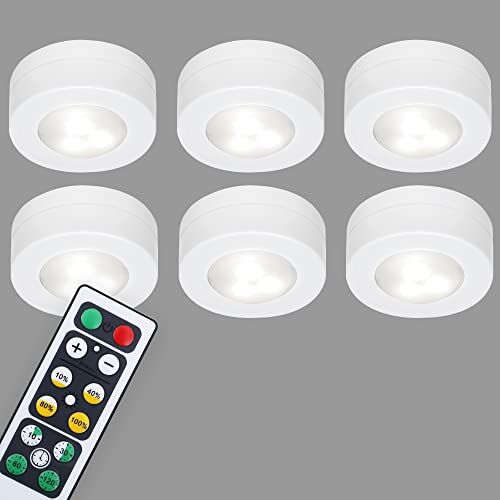 Briloner Leuchten - Set de 6 bombillas LED para armario con control remoto, regulables, luz funcional, luz de noche para dormitorios con temporizador y con cinta adhesiva 3M, en blanco