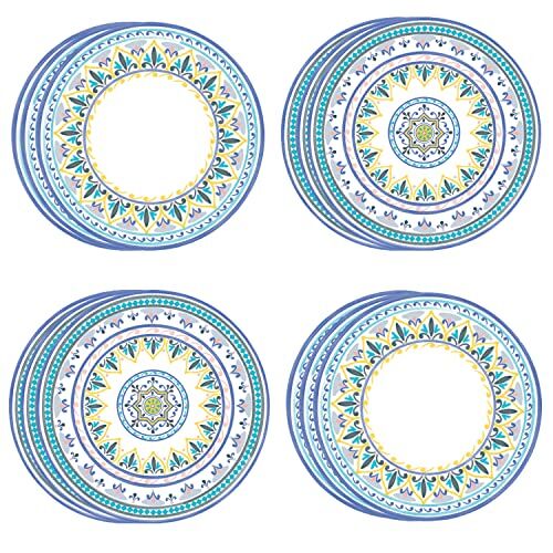 Talking Tables Platos de papel marroquí geométricos amarillos y azules Vajilla desechable colorida para verano, cumpleaños, reciclable – Paquete de 12