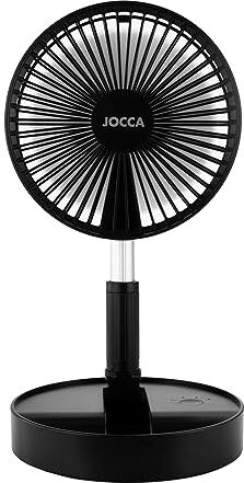 JOCCA - Ventilador de Pie Plegable Portátil/ Batería Recargable con USB/ Altura Oscilante/ 3 Velocidades + Modo Silencioso (Negro)