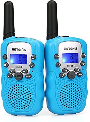 Retevis RT388 Walkie Talkie Niños,Juguetes de Largo Alcance de 3 a 12 Años,Linterna LCD de 8 Canales, Regalos para Camping, Aventura, Senderismo (1 par, Azul)