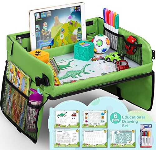 lenbest Mesa Coche Niños - Bandeja Coche Niños - Juegos de Viaje para Niños - Juguetes de viaje - Bandeja Cochecito, Avión (Juego de Papel de Dibujo Educativo Extra)