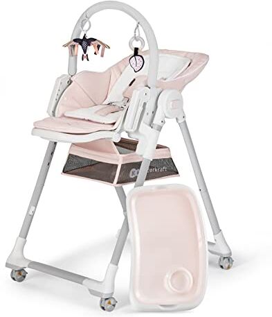 Kinderkraft LASTREE Trona Bebé de madera evolutiva plegable, Hamaca para bebés con Arco 2 juguetes, Asiento reposapiés ajustable, Posición tumbada, Rosa