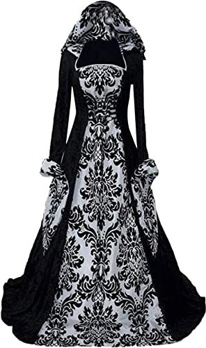 CosCool Ropa gótica para mujer, vestido medieval estilo vintage largo hasta el suelo, vestido de princesa renacentista, cintura sujeta y capucha. Para fiesta, Halloween, carnaval, disfraz, negro, S