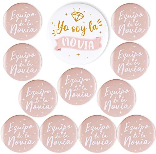 GEBETTER 12Pcs Chapas Alfileres Despedida Soltera Accesorio, 1* Novia 7,5 CM + 11* Equipo Novia 5,8 CM, Regalo Recuerdo Complementos Fiesta Despedida Soltera Boda Damas Honor Amigas Familia Invitados