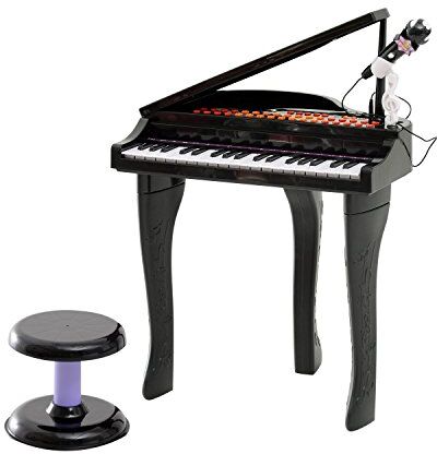 HOMCOM Piano Infantil 37 Teclas Teclado Electrónico Juego de Piano con Micrófono Taburete Luces y 22 Canciones USB/MP3 Karaoke Modo de Enseñanza Negro