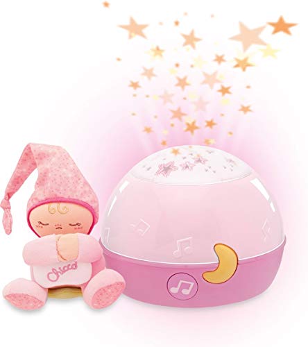 Chicco Buenas Noches Estrellitas Rosa, Lámpara Multicolor con Luz Quitamiedos y Proyector de Estrellas Infantil con Música Relajante y Peluche Extraíble – Juguetes Bebé 0+ Meses