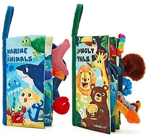 hahaland Libros Bebe Juguetes Bebes 0-3 6-12 meses 2PCS Libros de Tela Blandos para Bebes Recien Nacido Niños Educativo Juguetes Niños 1 año, Animales Libro Sensorial Suave de Actividades para Bebé