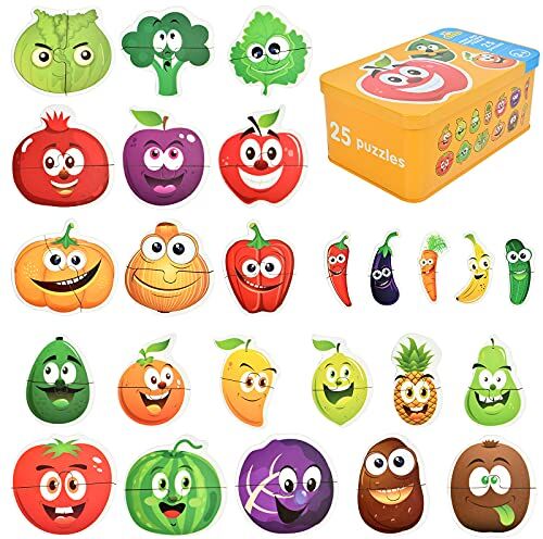 EKKONG Puzzles de Madera,Fruta Rompecabezas,Juguetes Bebes, Puzzles de Madera Educativos para Bebé, Juguetes niños 1 año 2 3 4 5 6 años (25 Pack)