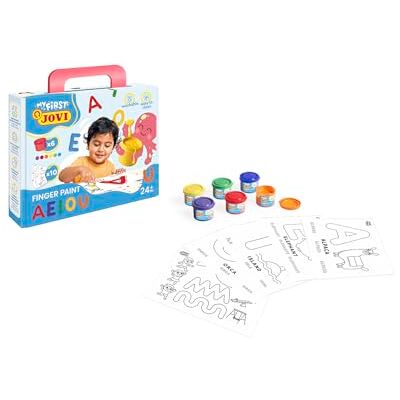 Jovi My First kit de Finger paint Aprendiendo las vocales, set de 6 botes de pintura de dedos 35 ml y 10 plantillas de actividades con las vocales, a partir de 2 años, sin gluten Jovi My First kit de Finger paint Aprendiendo las vocales, set de 6 botes de pintura de dedos 35 ml y 10 plantillas de actividades con las vocales, a partir de 2 años, sin gluten
