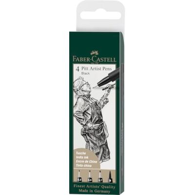 Faber-Castell Pitt Artist Pen, 4 grosores, negro Tinta de dibujo resistente al agua y a la luz con puntas S, F, M y pincel para bocetos e ilustraciones Faber-Castell Pitt Artist Pen, 4 grosores, negro Tinta de dibujo resistente al agua y a la luz con puntas S, F, M y pincel para bocetos e ilustraciones