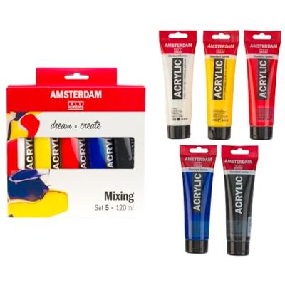 Amsterdam Standard Series Pintura Acrílica Set de Mezcla Teoría del Color (5 x 120 ml) Colores Primarios Cálidos + Negro y Blanco Amsterdam Standard Series Pintura Acrílica Set de Mezcla Teoría del Color (5 x 120 ml) Colores Primarios Cálidos + Negro y Blanco